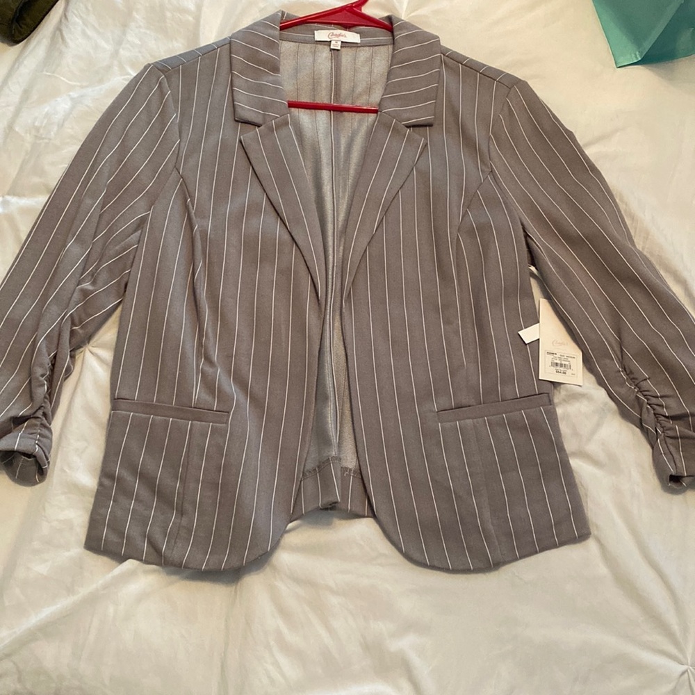 Women’s gray blazer with white pin stripes